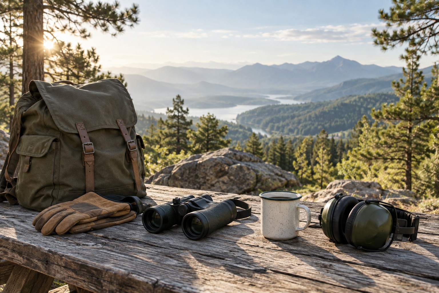 Outdoor daypack, binoculars and protective gear on a sunlit table overlooking forested mountains